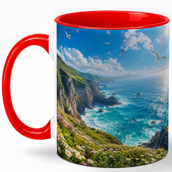 Coastal Cliff Sunshine Coffee Mug, Ocean Nature Mug, Beach Lover Birthday Christmas Gift, Blue Sea Seagull Wildflower Landscape Art, 11 oz White Ceramic Coffee Cup for Tea Lover