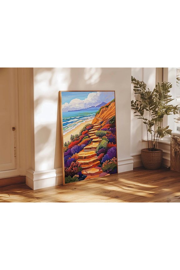 Coastal Cliffside Ocean Trail Floral Beach Path Unframed Paper Print