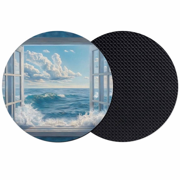 Coastal Coasters Set of 2, Soft Absorbent Coasters for Drinks, Window Nautical Beach Blue Seaside Non-Slip Cup Coaster Mat with Rubber Bottom for Home Kitchen Desk Coffee Bar Table Decor 4"