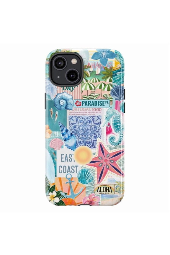 Coastal Collage Phone Case, Blue Summer Beach Design iPhone Cover with Seashells, Starfish & Tropical Vibes, Durable Dual Layer Protective Case for iPhone 16 15 14 13 12 11 Pro Max Mini