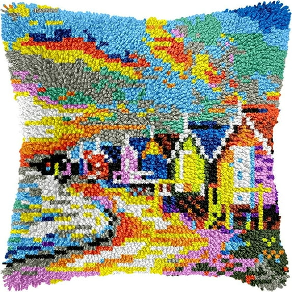 Coastal Houses Latch Hook Pillow Kits for DIY Throw Pillow Cushion Embroidery Latch Hooking Pillowcase Kits with Preprinted Canvas Crochet Yarn Kits for Home Decor 17''X 17''(d339)