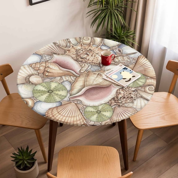 Coastal Colorful Shell Conch Round Fitted Tablecloth with Elastic Edge,Waterproof Table Cloth Fits Tables Up to 45"-54",Wipeable Washable Table Cover for Indoor Outdoor Dinning,Modern Abstract Art