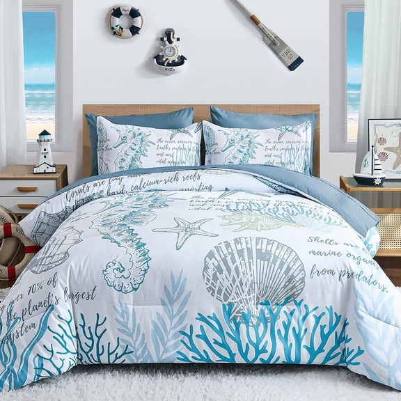 Coastal Comforter Set , Beachy Themed Comforters,7 Pieces  Bed in a Bag Nautical  Seahorse Sea Shell with Sheets for  Season