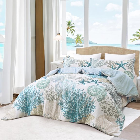 Coastal Comforter Set Full Size 3 Piece Soft Beach Themed Lightweight Bedding