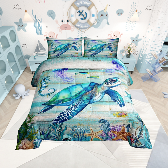 Coastal Comforter Set King,Summer Sea Turtle Jellyfish Bedding Set ,Tropical Starfish Coral Bedding Comforter Sets,Farmhouse Wooden Barn Duvet Insert with 2 Pillowcases Warm
