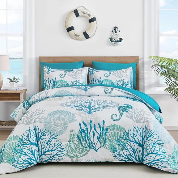 Coastal Comforter Set Queen, Beach Themed Comforter,7 Pieces Ocean Nautical Seaweed & Starfish Bed in a Bag (90"90")