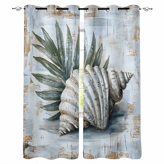 Coastal Conch Blackout Curtains for Bedroom Living Room Darkening Curtains 90 Inch Beach Nautical Summer Vintage Botanical Black Out Window Curtain Privacy Window Treatment Grommet Drapes 52"x90"x2