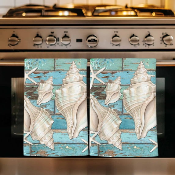 Coastal Conch Kitchen Towels Set of 2, Summer Beach Ocean Coral Teal Blue Wood Absorbent Dish Towels for Kitchen, Microfiber Hand Towel, Quick Drying Tea Towel for Cleaning Decorative Dishcloths