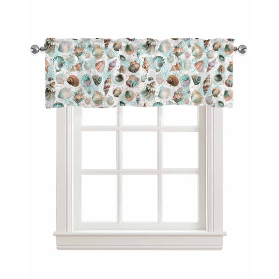 Coastal Conch Shells Linen Curtain Valance for Bedroom/Bathroom/Kitchen/Office/Living/Dining Room Window,Watercolor Turtle Turquoise White Rod Pocket Topper Decorative Cafe Drapes Panel 42"x12"