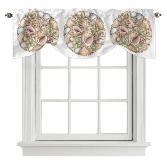 Coastal Conch Tie Up Valance Curtains for Windows, Kitchen Curtains Window Treatments, Watercolor Ocean Nautical Beach Seashells Short Window Shades Valances for Bedroom Bathroom Cafe 54"x18"