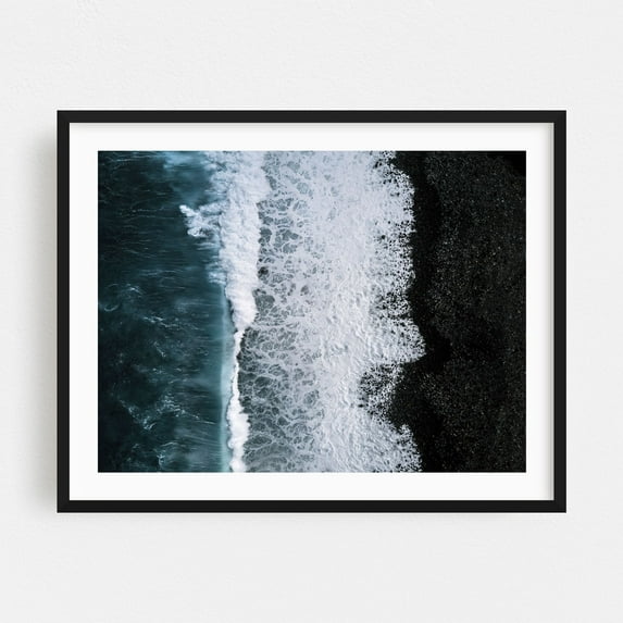Coastal Contrast - Iceland Photography Waves Ocean Coast Seascape Beach Minimalist Nature Black Framed Wall Art Print 24 x 30 inches