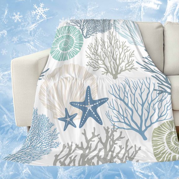 Coastal Cooling Blanket, Lightweight Breathable Summer Throw Blanket with Double Sided Cold Effect, Summer Beach Nautical Coral Starfish Picnic Beach Blankets Bed Sheet for Hot Sleepers 50"x60"