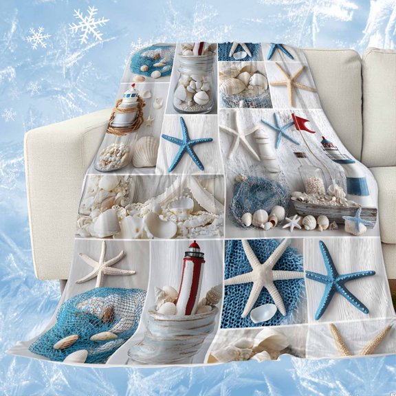 Coastal Cooling Blanket, Lightweight Breathable Summer Throw Blanket with Double Sided Cold Effect, Summer Beach Starfish Nautical Sea Shell Picnic Beach Blankets Bed Sheet for Hot Sleepers 30"x40"