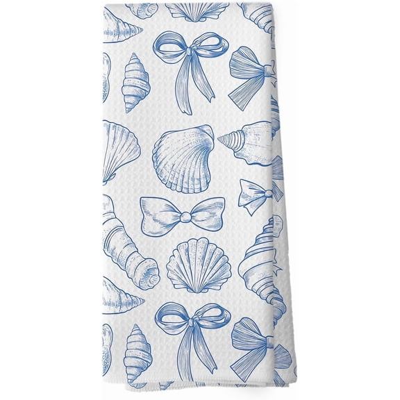 Coastal Coquette Kitchen Towels - Preppy Beach Shells Dish Towels, Summer Nautical Ocean Bow Decorative Absorbent Dishcloths Hand Towels for Beach Houese Decor 18x26 Inches
