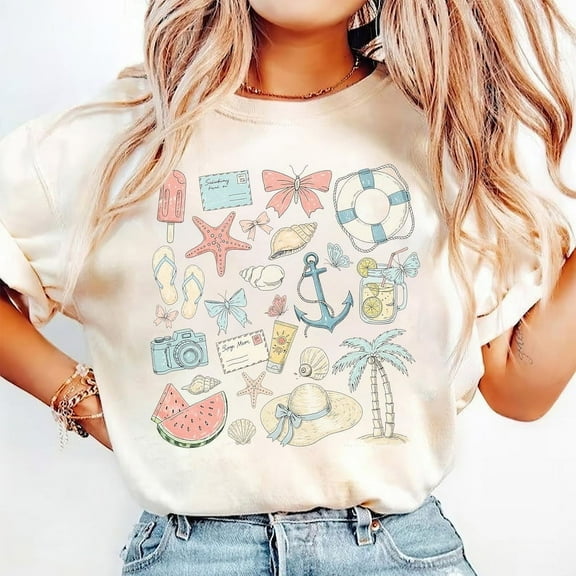 Coastal Coquette Shirt, Vintage Summer Vibes Tee, Retro Beach T-Shirt with Seashells, Cute Vacation Shirt, Girls Trip Graphic Summer Tee