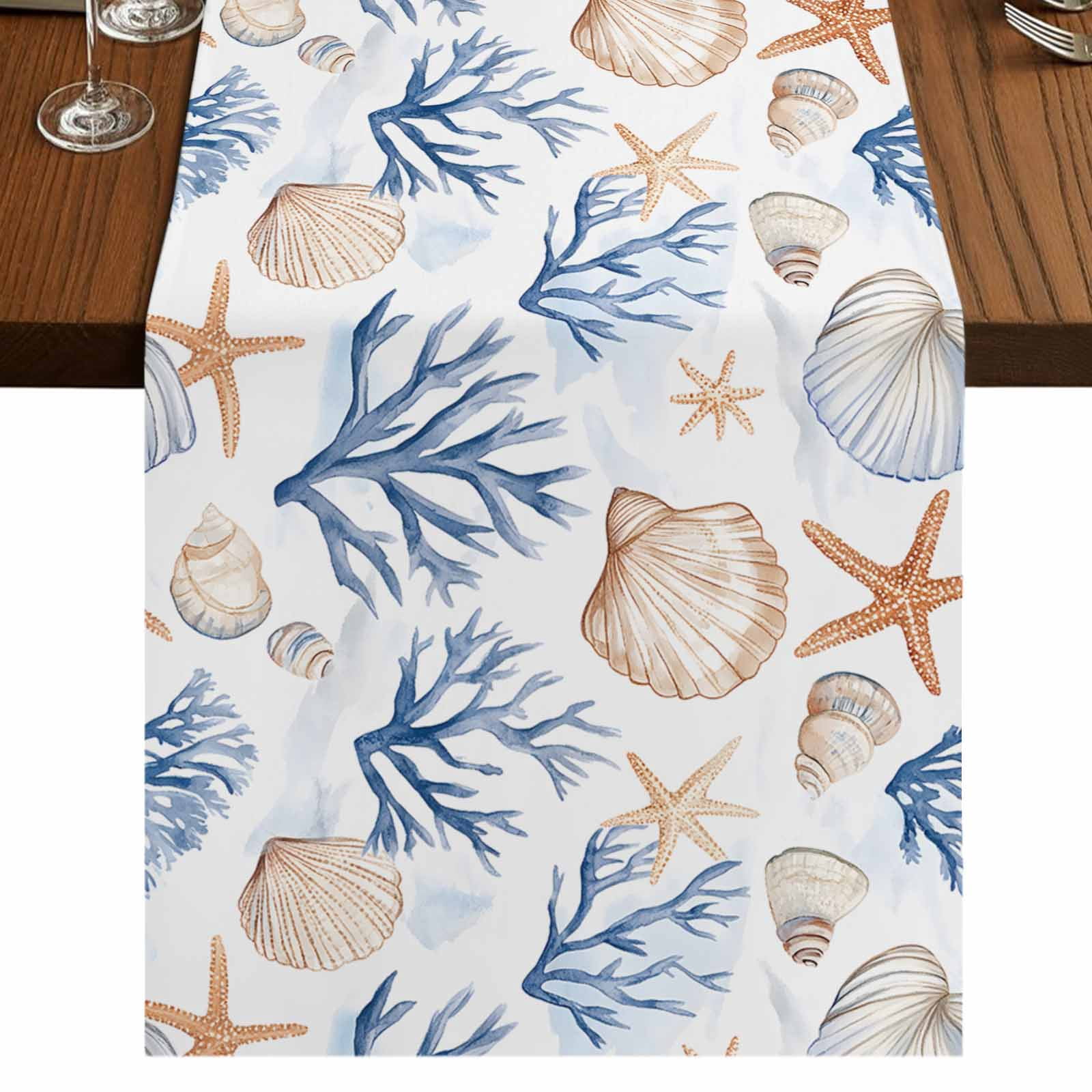 Runner Seashell Coastal Coral 60 Inch Table Runner, Blue Ocean Starfish Seashell Nature ...