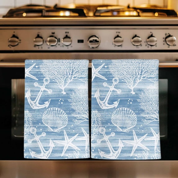 Coastal Coral Anchor Kitchen Towels Set of 3, Blue Starfish Summer Ocean Vintage Absorbent Dish Towels for Kitchen, Microfiber Hand Towel, Quick Drying Tea Towel for Cleaning Decorative Dishcloths