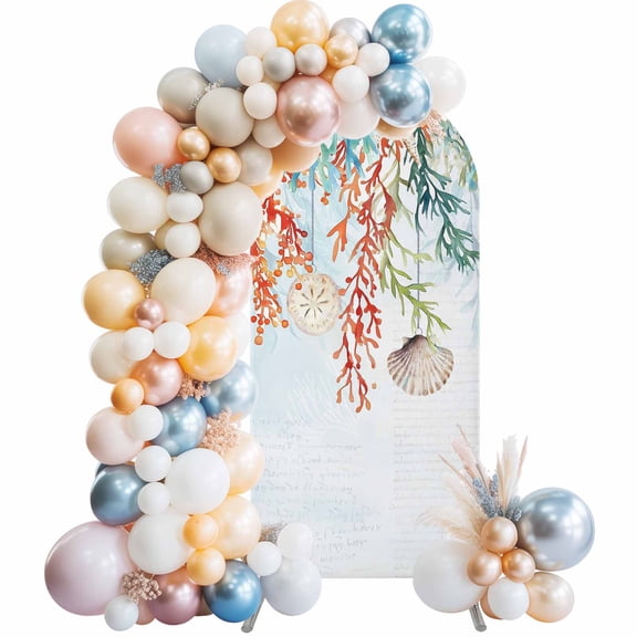 Coastal Coral Arch Backdrop Cover 6.6Ft, Wedding Arch Covers Stretchy Backdrop, Summer Beach Ocean Shell Starfish Fitted 2 Sided Arched Photo Background for Birthday Party Decorations