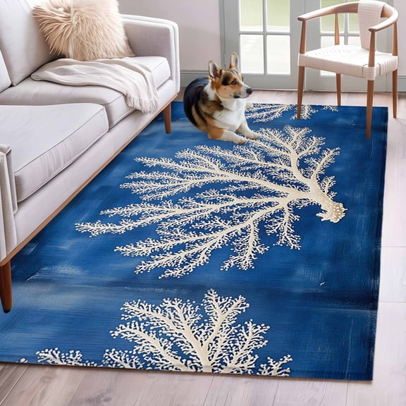 Coastal Coral Area Rug 3x5 Washable Rug Non Slip Oil Painted Summer Ocean Modern Art Large Area Rug Indoor Floor Carpet for Entryway Bedroom Kitchen Living Room Home Office Dining Room Nursery