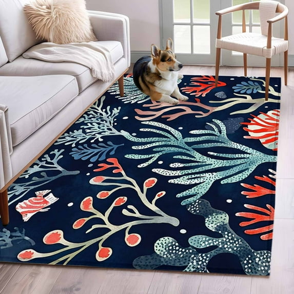 Coastal Coral Area Rug 3x5 Washable Rug Non Slip Summer Watercolor Ocean Plant Large Area Rug Indoor Floor Carpet for Entryway Bedroom Kitchen Living Room Home Office Dining Room Nursery