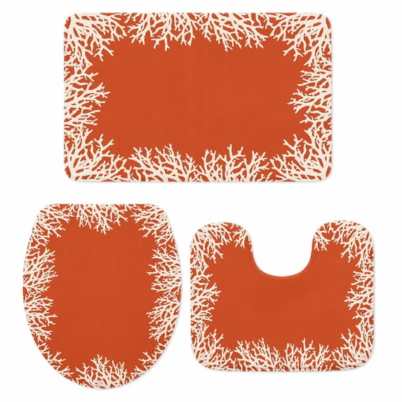 Coastal Coral Bath Mat 3 Piece Bathroom Rug Set, Orange White Ocean Marine Nautical Beach Non Slip Bath Rug Contour Mat and Toilet Lid Cover, Absorbent Shower Mats Soft Bath Rugs and Mats Sets