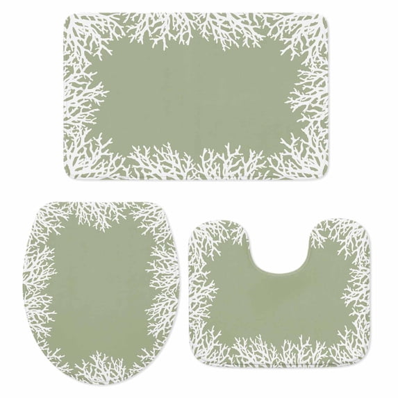 Coastal Coral Bath Mat 3 Piece Bathroom Rug Set, Sage Green Ocean Marine Nautical Beach Non Slip Bath Rug Contour Mat and Toilet Lid Cover, Absorbent Shower Mats Soft Bath Rugs and Mats Sets
