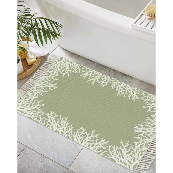 Coastal Coral Bath Rug 2x3ft Woven Bathroom Entryway Runner Rug,Sage Green Ocean Marine Nautical Beach Washable Living Room Hallway Bedroom Kitchen Carpet with Tassels,Indoor Outdoor Throw Doormat