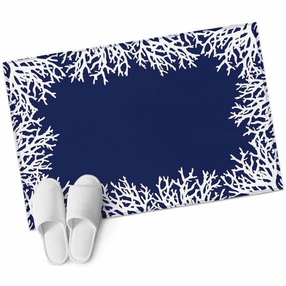 Coastal Coral Bathroom Mat 2x3 FT, Non Slip Small Kitchen Mat, Navy Blue Ocean Marine Nautical Beach Washable Soft Backed Front Door Throw Rug Non-Shedding Indoor Outdoor Doormat for Entryway Sink