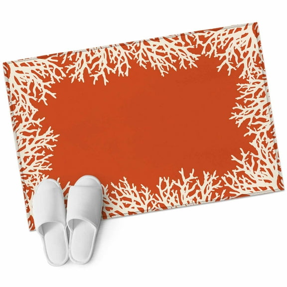 Coastal Coral Bathroom Mat 2x3 FT, Non Slip Small Kitchen Mat, Orange White Ocean Marine Nautical Beach Washable Soft Backed Front Door Throw Rug Indoor Outdoor Doormat for Entryway Sink