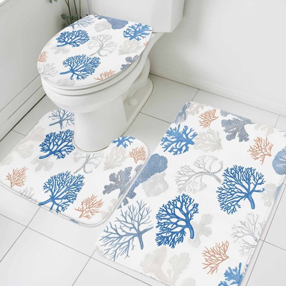 Coastal Coral Bathroom Rugs Set Hand Painted Style Ocean Plant Marine Life Non Slip Absorbent Soft Bath Mats 3 Piece Set with Bathroom Rug, U-Shaped Floor Mat, Toilet Seat Cover Small Size