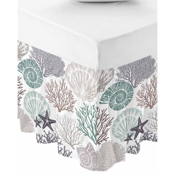 Coastal Coral Bed Skirt Queen Size 16 Inch Drop, Wrap Around Bed Skirts, Nautical Ocean Beach Conch Shells Starfish Elastic Bedskirt Pleated Bed Frame Cover Luxurious Dust Ruffle for Queen Bed