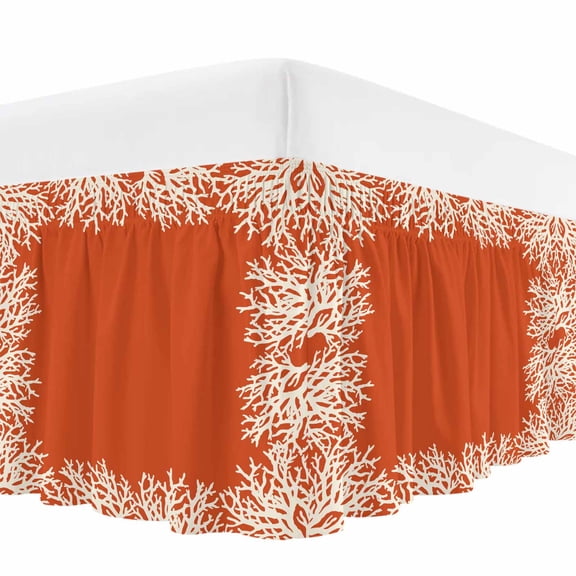Coastal Coral Bed Skirt Queen Size, Orange White Ocean Marine Nautical Beach Wrap Around Bed Skirting with Adjustable Elastic Strap, Dust Ruffle Pleated Bedskirts 16 Inch Drop for Bedroom Queen Beds