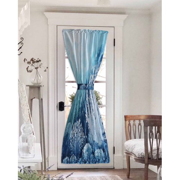 Coastal Coral Blue Blackout Curtains French Door Curtains for Door Window, Summer Watercolor Sea Plant Privacy Drapery for Patio/Sidelight Doors, 1 Panel with Tieback, 54 x 72 Inches