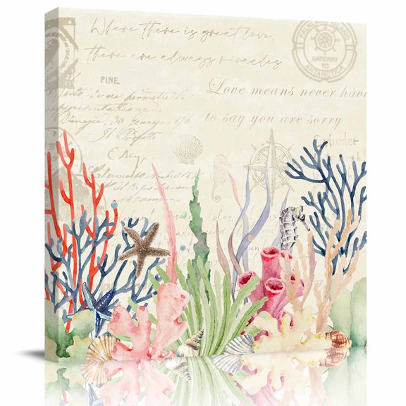 Coastal Coral Canvas Print Wall Art Painting, Modern Wall Decor for Bedroom Living Room Giclee Artwork HD Picture Strenched and Framed Watercolor Beach Nautical Ocean 8x8 inch