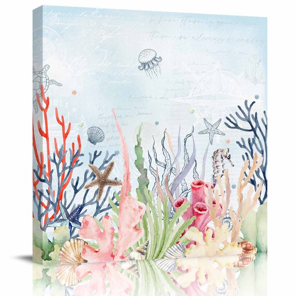 Coastal Coral Canvas Print Wall Art Painting, Modern Wall Decor for Bedroom Living Room Giclee Artwork HD Picture Strenched and Framed Watercolor Beach Nautical Ocean Blue 8x8 inch