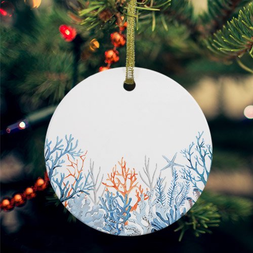 Coastal Coral Ceramic Ornaments, Blue Ocean Starfish Seagrass Watercolor Round Porcelain Hanging Ornaments with Gold String, Xmas Decorations Keepsake Gifts for Holiday Home Party 3''