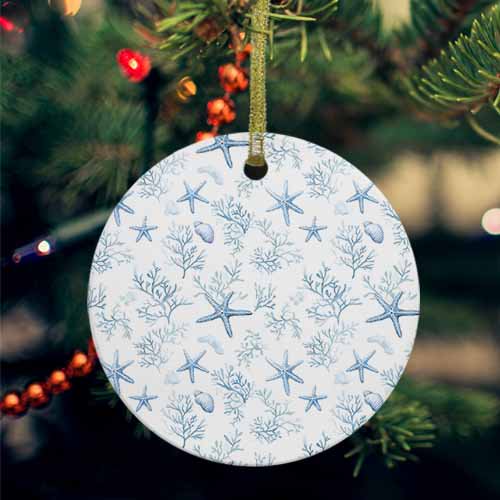 Coastal Coral Ceramic Ornaments, Ocean Starfish Blue Conch Summer Sea Round Porcelain Hanging Ornaments with Gold String, Xmas Decorations Keepsake Gifts for Holiday Home Party 3''