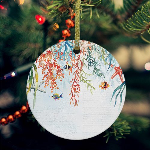 Coastal Coral Ceramic Ornaments, Summer Beach Ocean Starfish Seagrass Round Porcelain Hanging Ornaments with Gold String, Xmas Decorations Keepsake Gifts for Holiday Home Party 3''