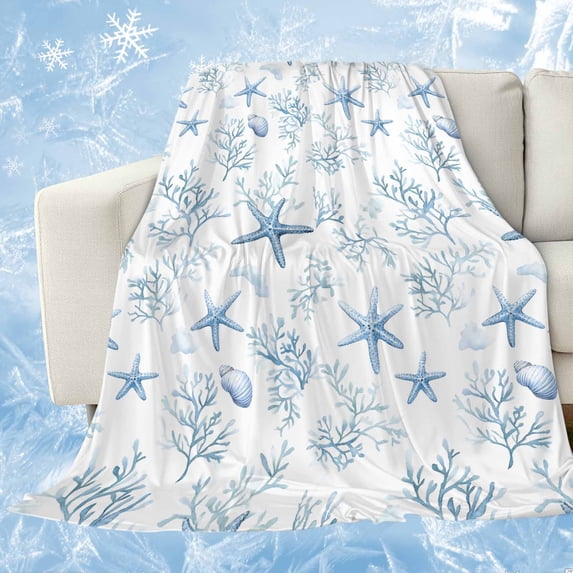 Coastal Coral Cooling Blanket, Lightweight Breathable Summer Throw Blanket with Double Sided Cold Effect,Ocean Starfish Blue Conch Summer Sea Picnic Beach Blankets Bed Sheet for Hot Sleepers 40"x60"
