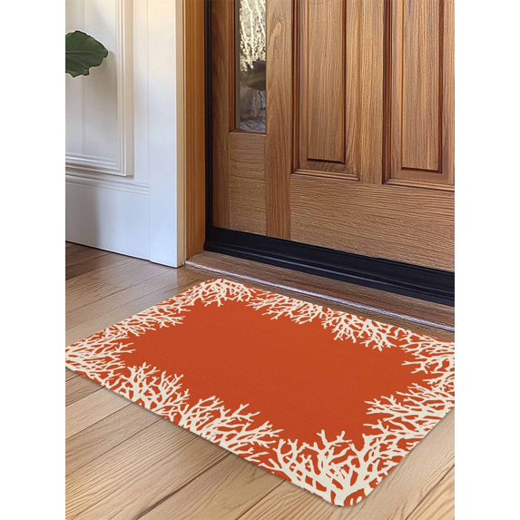 Coastal Coral Door Mat Indoor Outdoor Entrance, Non Slip Rug for Kitchen Bathroom Entryway Rug, Orange White Ocean Marine Nautical Beach Washable Doormat Floor Mat for Office 24x36 Inch