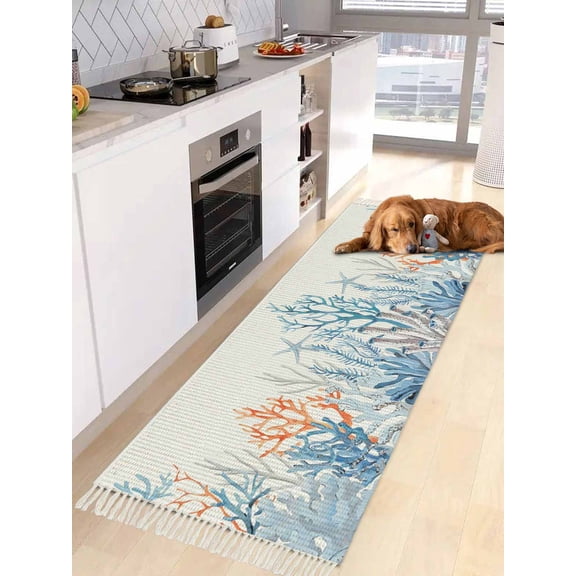 Coastal Coral Entryway Runner Rug 2x4ft,Blue Ocean Starfish Seagrass Watercolor Washable Woven Living Room Hallway Bedroom Kitchen Carpet with Tassels,Indoor Outdoor Throw Door Mat for Entryway