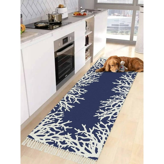 Coastal Coral Entryway Runner Rug 2x4ft,Navy Blue Ocean Marine Nautical Beach Washable Woven Living Room Hallway Bedroom Kitchen Carpet with Tassels,Indoor Outdoor Throw Door Mat for Entryway