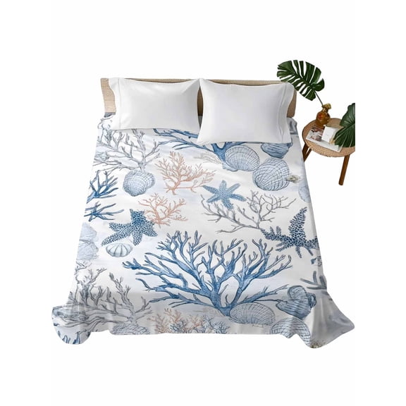 Coastal Coral Flat Sheets Only Twin XL Size, Soft Breathable Bed Top Sheets for Mattress, Vintage Ocean Blue Starfish Conch Nature Luxury Bedding Flat Sheets for Home Hotel Bedroom Bed Protection