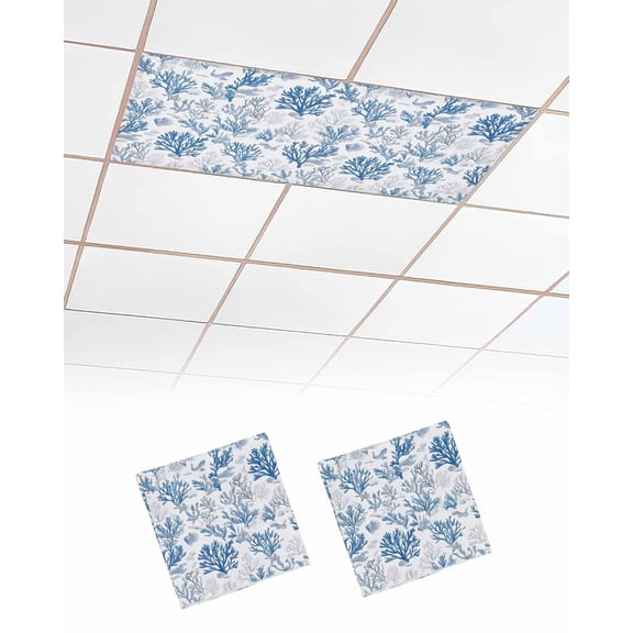 Coastal Coral Fluorescent Light Covers for Ceiling Lights 4x2 feet,2 Pack Magnetic Light Filters for Classroom,Blue Grey Ocean Marine Plant Summer Fish Fluorescent Light Shade Panel for Office