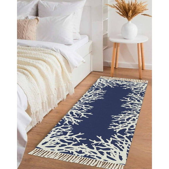 Coastal Coral Hallway Runner Rug 2x5ft,Navy Blue Ocean Marine Nautical Beach Washable Woven Living Room Bedroom Kitchen Bathroom Carpet with Tassels,Indoor Outdoor Throw Door Mat for Entryway