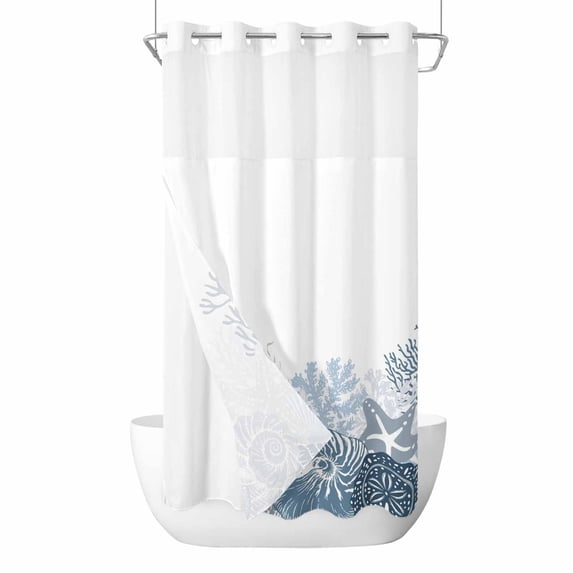 Coastal Coral No Hook Shower Curtain with Snap in Liner, Waterproof Fabric Shower Curtains, Ocean Starfish Beach Conch Haze Blue Marine Life Shower Curtain Set Top See Through for Bathroom 36"x78"
