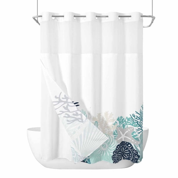 Coastal Coral No Hook Shower Curtain with Snap in Liner, Waterproof Fabric Shower Curtains, Ocean Starfish Beach Conch Turquoise Marine Life Shower Curtain Set Top See Through for Bathroom 72"x96"