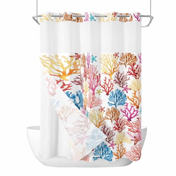 Coastal Coral No Hook Shower Curtain with Snap in Liner, Waterproof Fabric Shower Curtains, Summer Ocean Marine Coral Starfish Watercolor Shower Curtain Set Top See Through for Bathroom 60"x72"