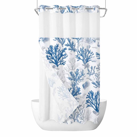 Coastal Coral No Hook Shower Curtain Waterproof,Bathroom Curtains with Snap in Liners and See Through Top Window,Blue Grey Ocean Marine Plant Summer Fish Hotel Style Bathtub Curtains Shower 36"Wx72"L