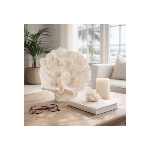 Coral Fan Figurine for Home and Office Table Decor - Coastal Resin Sculpture for Bathroom Counter, Shelf, and Entryway Display -  Ocean-Inspired Display for Mantel and Console Styling - 12", Ivory